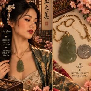 vintage carved natural jade on pure .925 sterling necklace